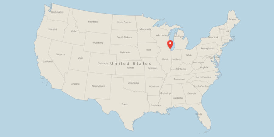 Map of USA with pin on Chicago IL