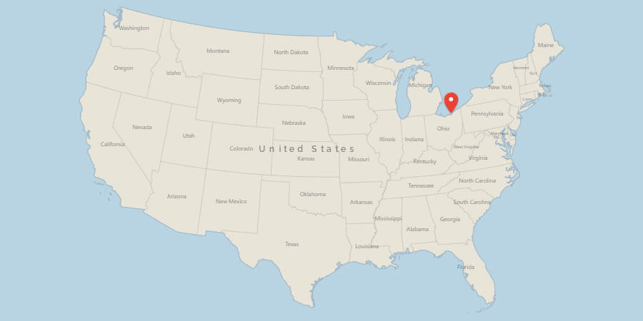 Map of USA with pin on Cleveland, OH