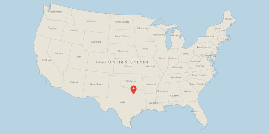 Map of USA with pin on Dallas, TX