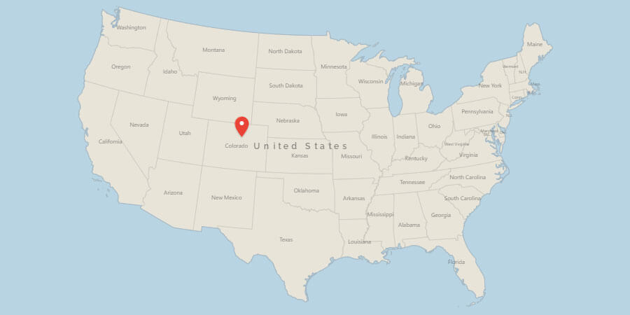 Map of USA with pin on Denver, CO