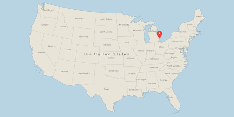 Map of USA with pin on Detroit, MI