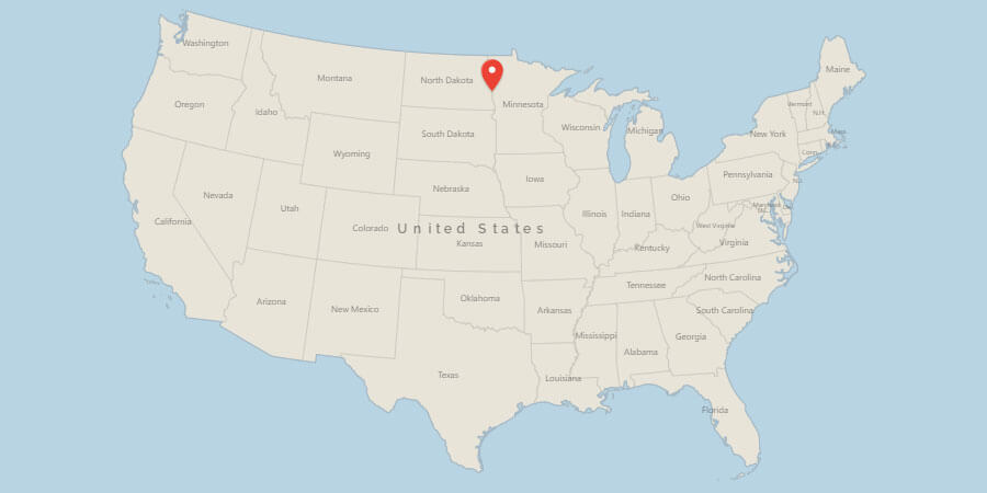 Map of USA with pin on Fargo, ND