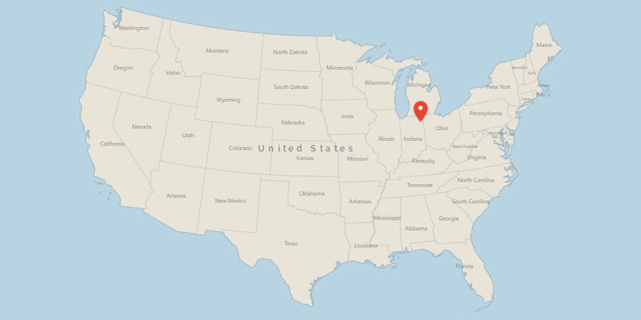 Map of USA with pin on Fort Wayne, IN
