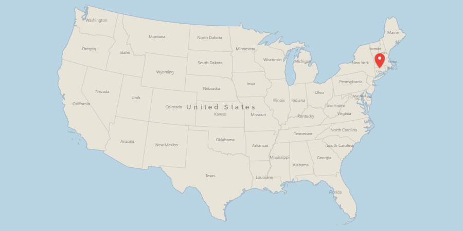 Map of USA with pin on Hartford, CT