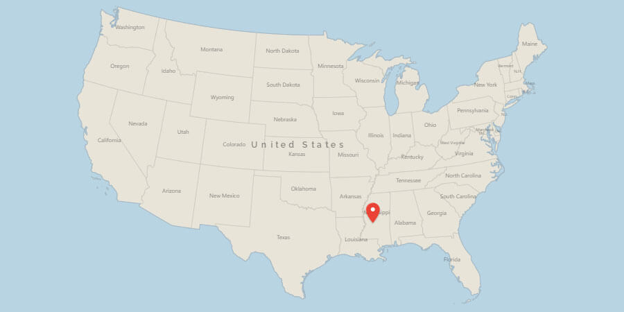 Map of USA with pin on Jackson, MS