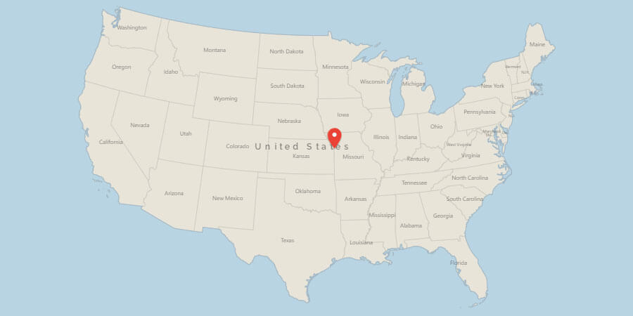 Map of USA with pin on Kansas City, MO