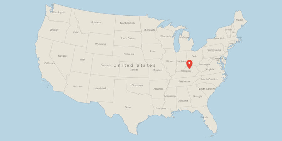 Map of USA with pin on Lexington, KY