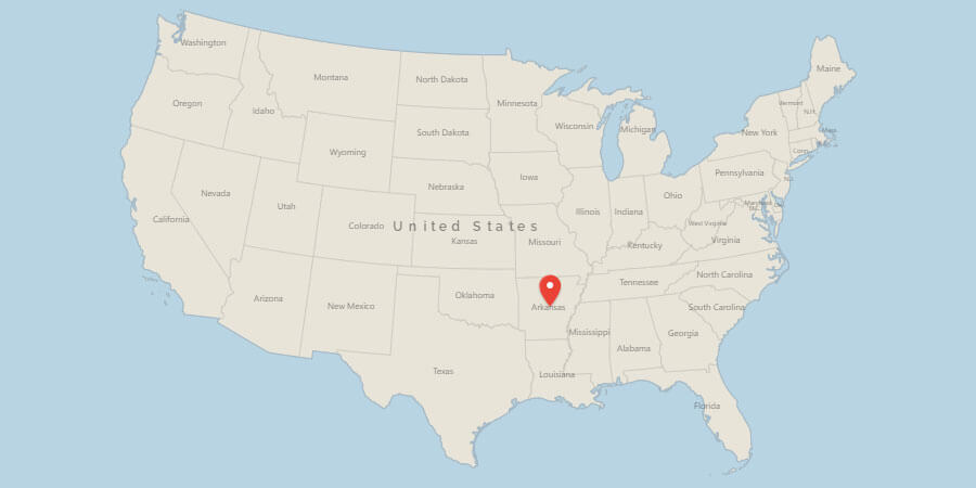 Map of USA with pin on Little Rock, AR