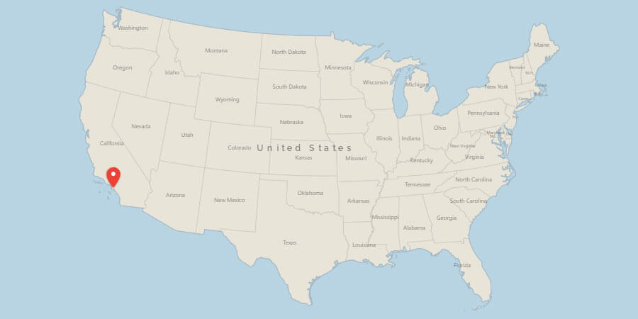 Map of USA with pin on Long Beach, CA