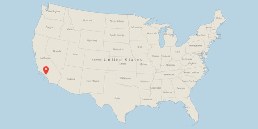 Map of USA with pin on Los Angeles CA