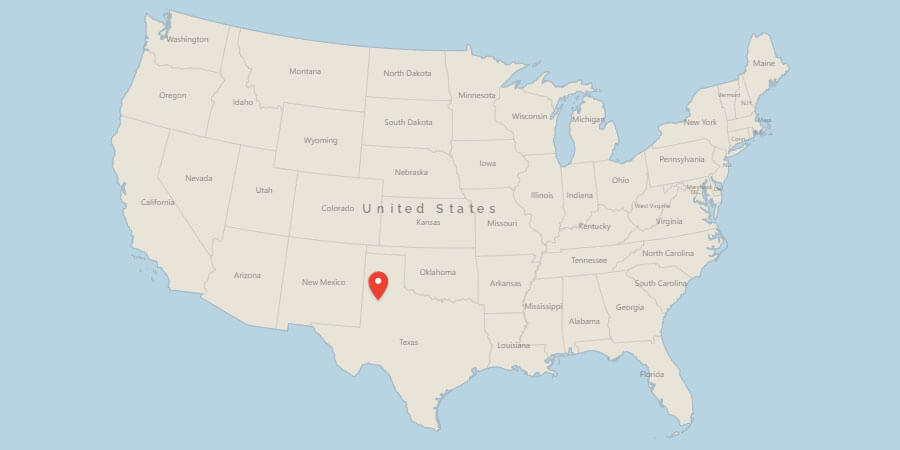Map of USA with pin on Lubbock, TX