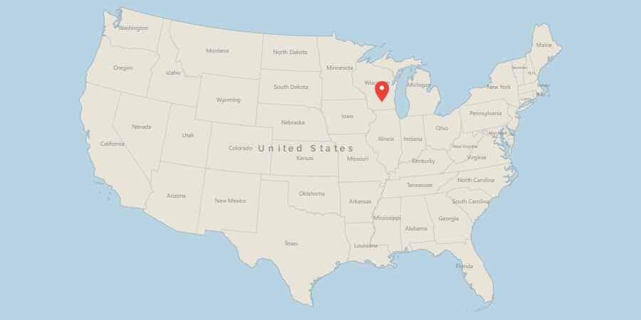 Map of USA with pin on Madison, WI