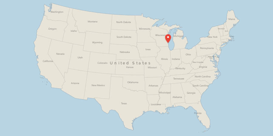 Map of USA with pin on Milwaukee, WI