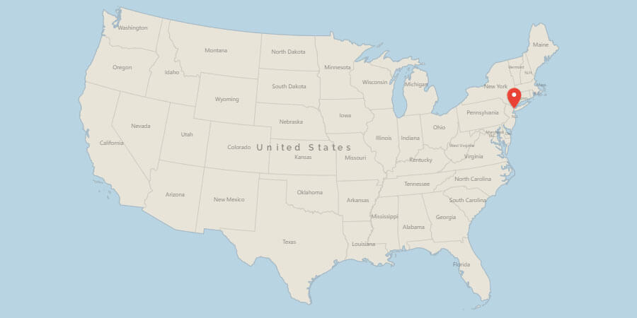 Map of USA with pin on New York City, NY