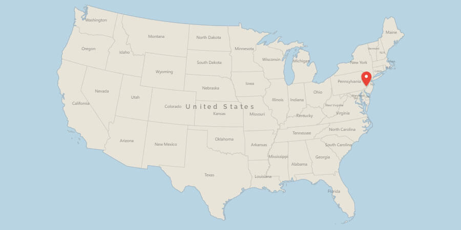 Map of USA with pin on Philadelphia, PA