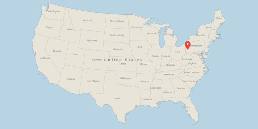 Map of USA with pin on Pittsburgh, PA