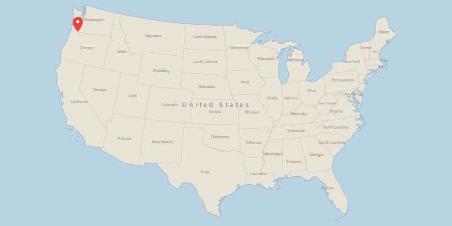 Map of USA with pin on Portland, OR