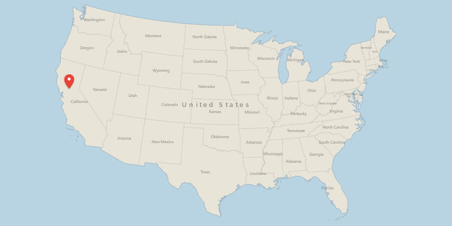 Map of USA with pin on Sacramento, CA