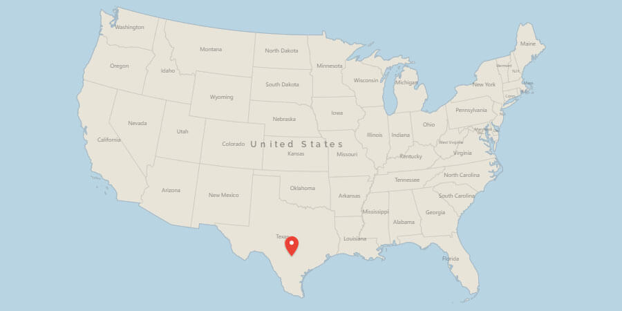 Map of USA with pin on San Antonio, TX