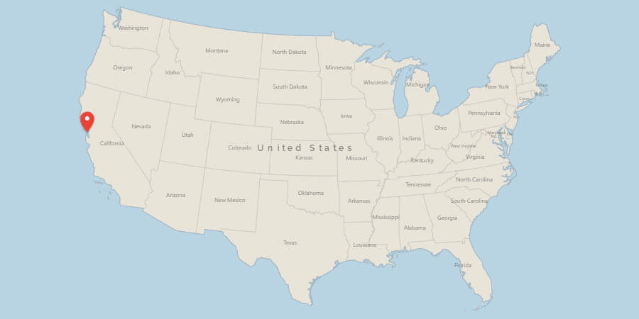 Map of USA with pin on San Francisco, CA