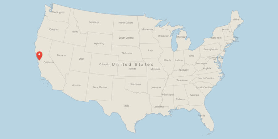 Map of USA with pin on San Jose, CA