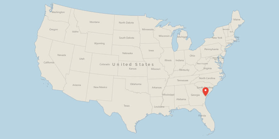 Map of USA with pin on Savannah, GA