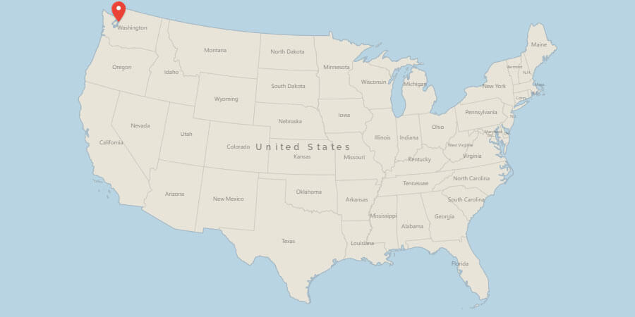 Map of USA with pin on Seattle, WA