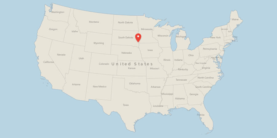 Map of USA with pin on Sioux Falls, SD