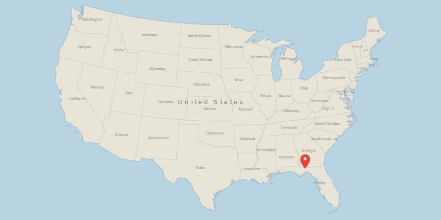 Map of USA with pin on Tallahassee, FL