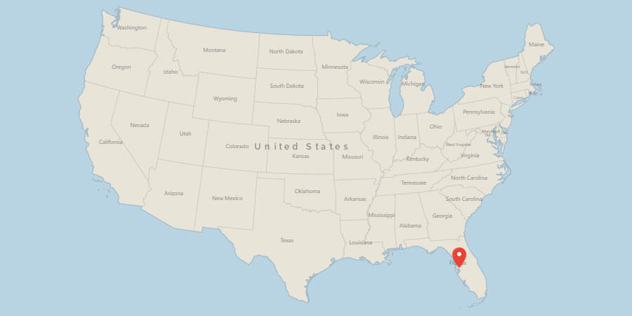 Map of USA with pin on Tampa, FL