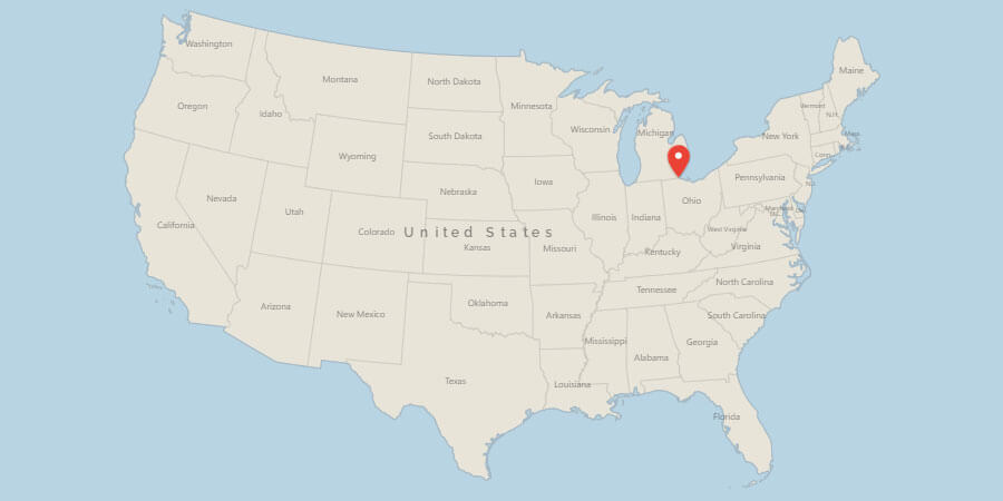 Map of USA with pin on Toledo, OH