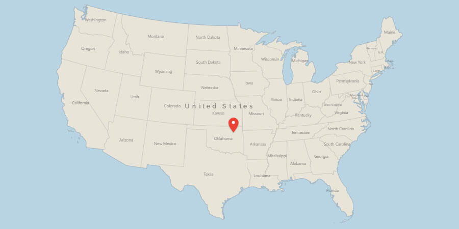 Map of USA with pin on Tulsa, OK