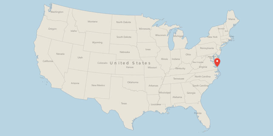 Map of USA with pin on Virginia Beach, VA