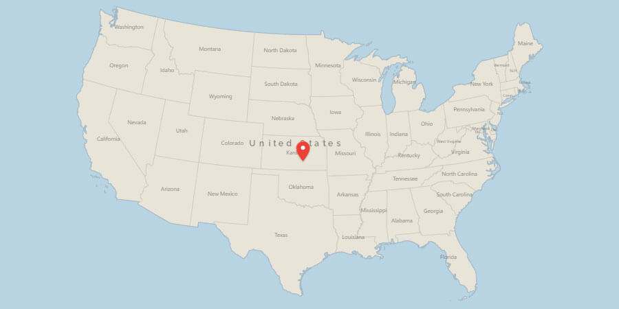Map of USA with pin on Wichita, KS
