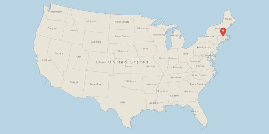 Map of USA with pin on Worcester, MA