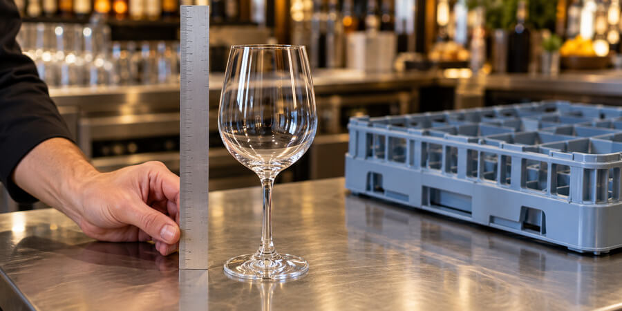 Hand holding a ruler beside a wine glass to measure its height, next to an empty compartment glass rack
