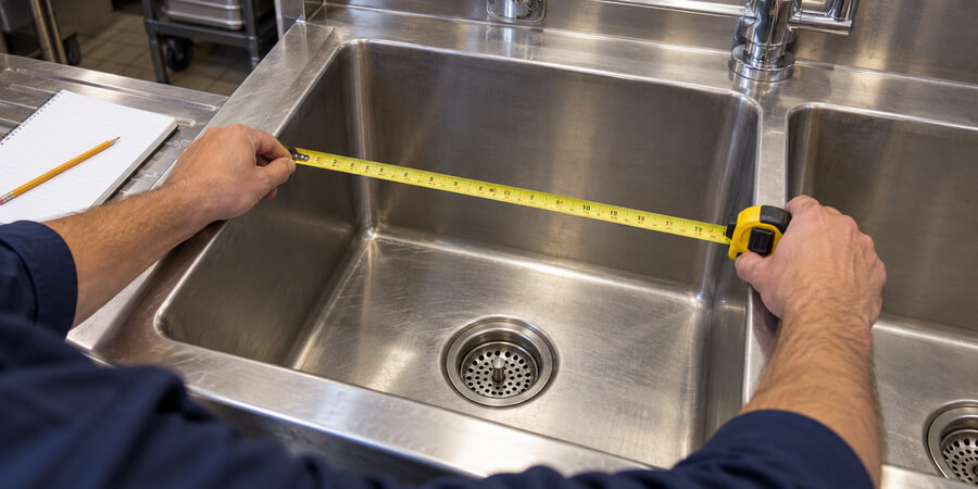 Tape measure stretched across the inside of a stainless sink bowl