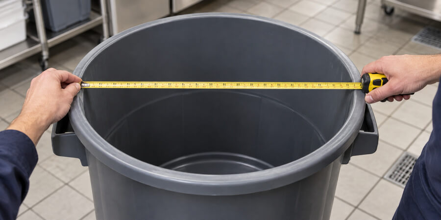 Tape measure stretched across the rim of an empty round commercial trash can