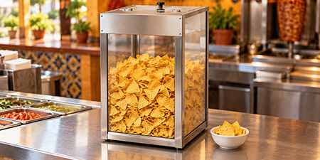 Glass chip merchandiser filled with tortilla chips on a restaurant counter.