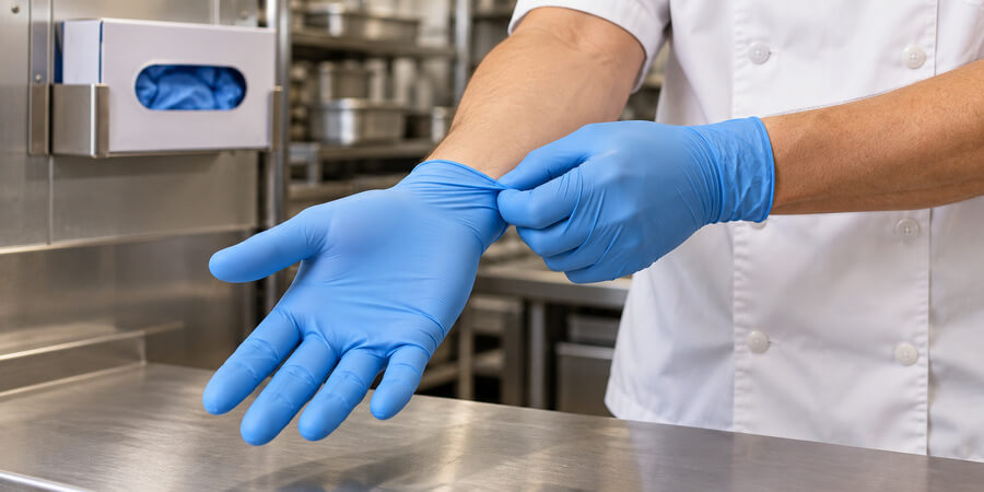 Cook pulling on blue nitrile gloves beside a wall-mounted glove box dispenser