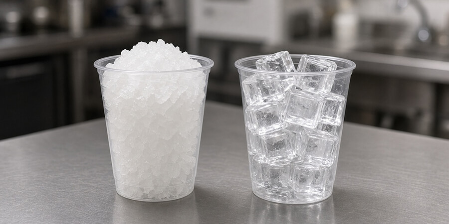 Soft chewable nugget ice next to hard cube ice in clear cups.