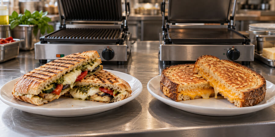 Ridged ciabatta panini and evenly toasted grilled cheese sandwiches displayed in front of two commercial sandwich presses.