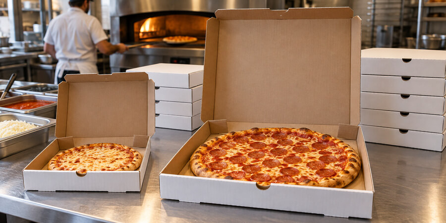 Personal cheese pizza and larger pepperoni pizza in open white boxes on a pizzeria counter.