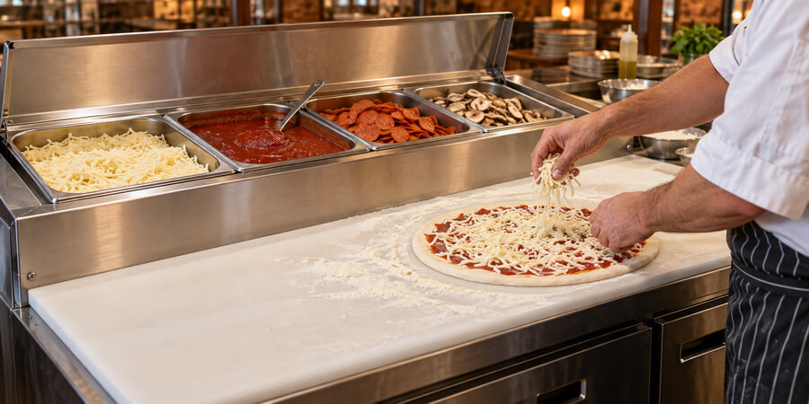 Pizza prep table with sauce, cheese and topping pans on the rail and a floured cutting board