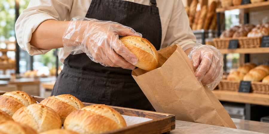 Bakery worker in clear poly gloves placing a bread roll into a paper bag