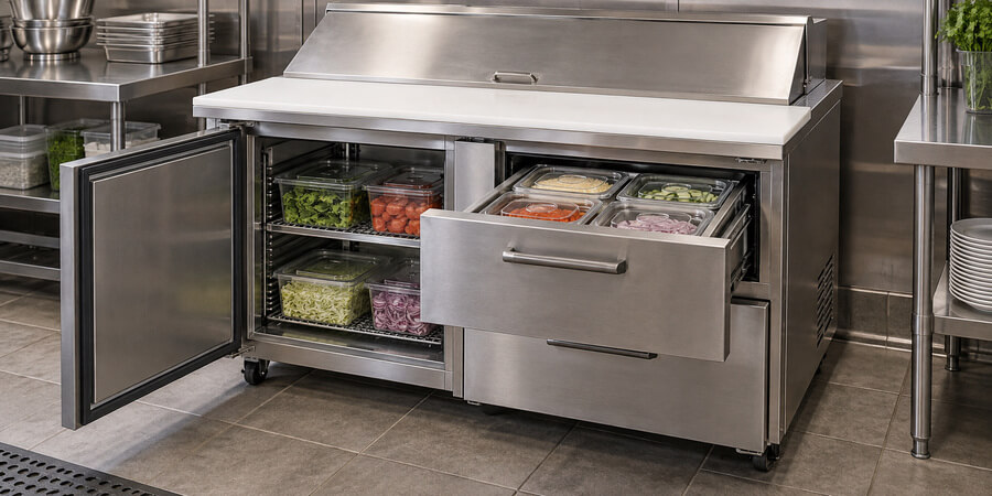 Refrigerated prep table with one door open and a loaded drawer pulled out