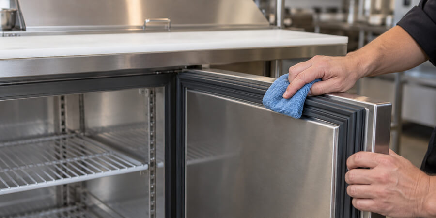 Wiping the door gasket on a refrigerated prep table with a cloth