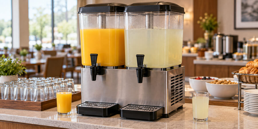 Two-bowl refrigerated beverage dispenser holding orange juice and lemonade on a breakfast buffet