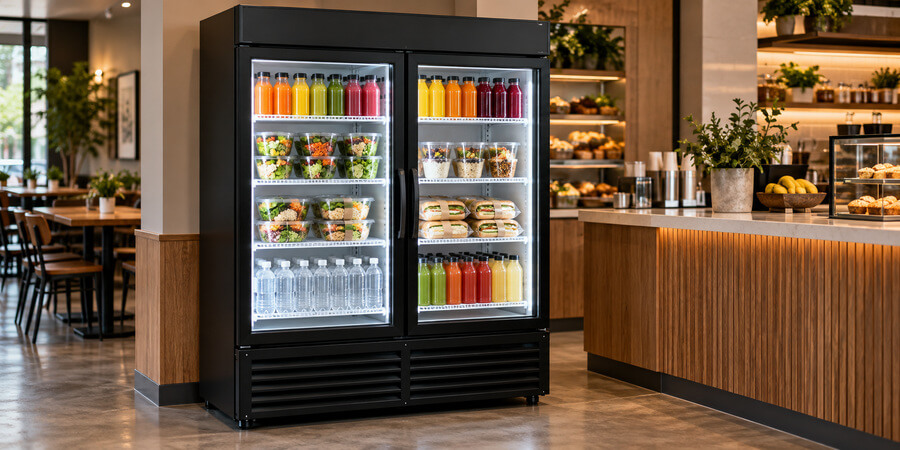 Café employee stocking sealed salads on illuminated merchandiser shelves alongside bottled juices and wrapped sandwiches.