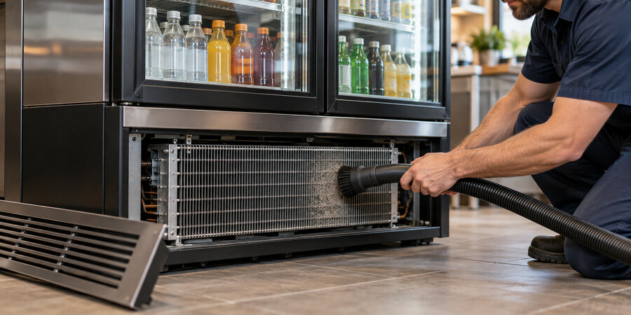 Technician using a vacuum brush to remove dust from a refrigerated merchandiser’s condenser coil.